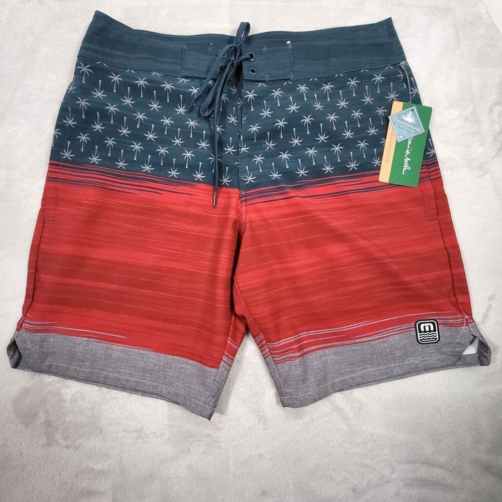 Travis Mathew Murica Fun Boardshorts Men 30 NWT USA Flag Stars Palm Tree Swim